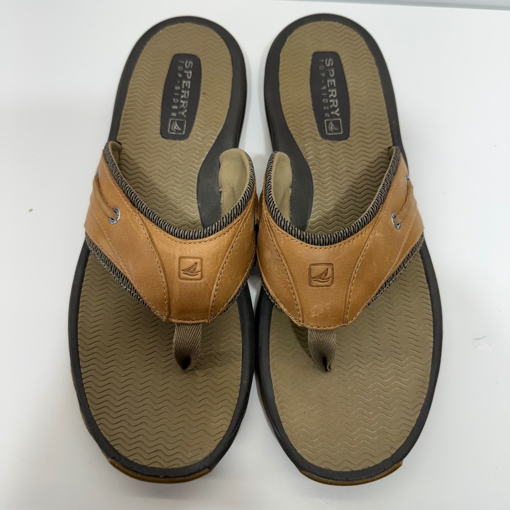 Sperry Top-Sider Baitfish Mens 14M Tan Leather Thong Flip Flop Sandals 1049667